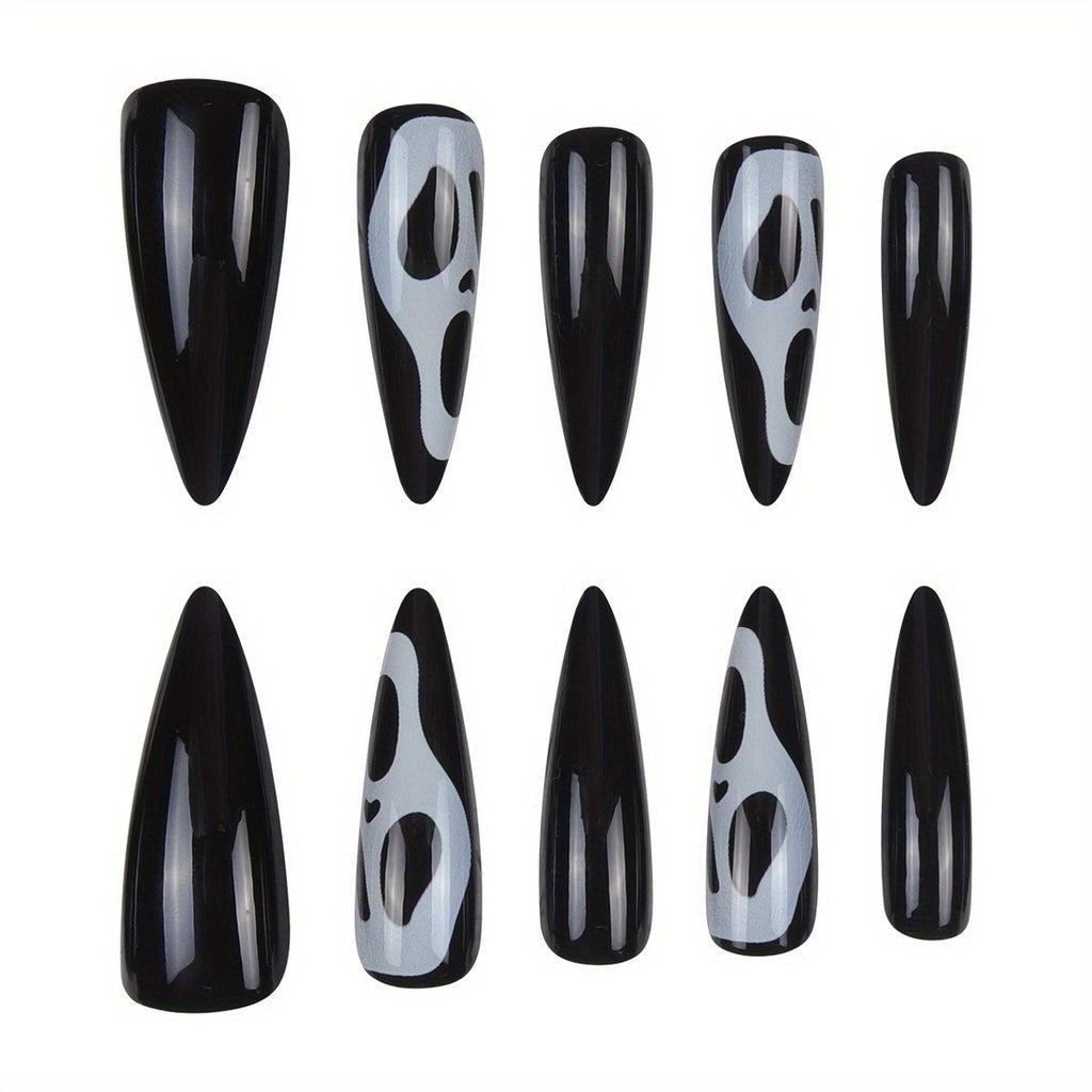 Stiletto Long Press-On Fake Nails Halloween Skull Nail Art Decoration Classic Black Glossy Manciure for Women and Girls 24pcs #B021