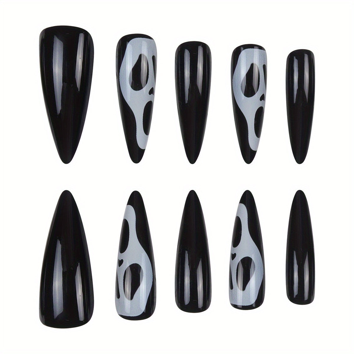 Stiletto Long Press-On Fake Nails Halloween Skull Nail Art Decoration Classic Black Glossy Manciure for Women and Girls 24pcs #B021