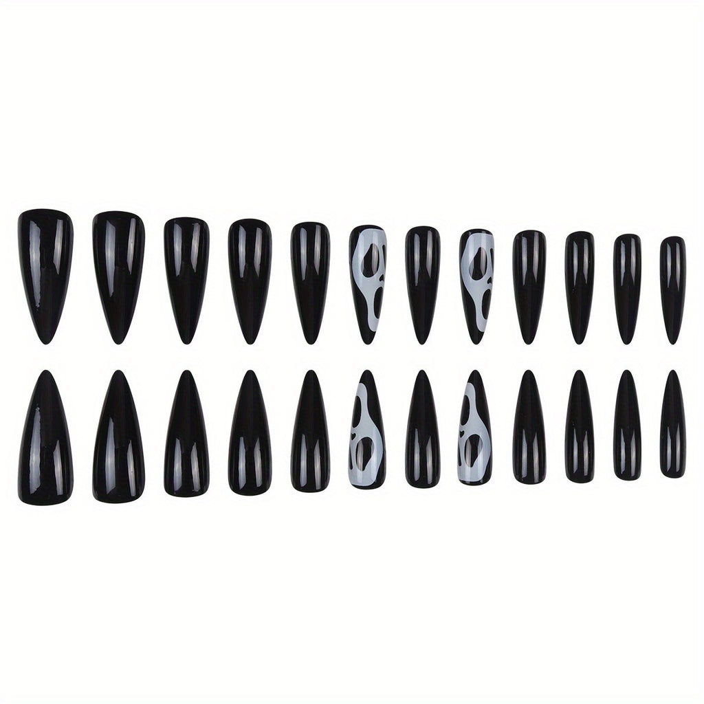 Stiletto Long Press-On Fake Nails Halloween Skull Nail Art Decoration Classic Black Glossy Manciure for Women and Girls 24pcs #B021