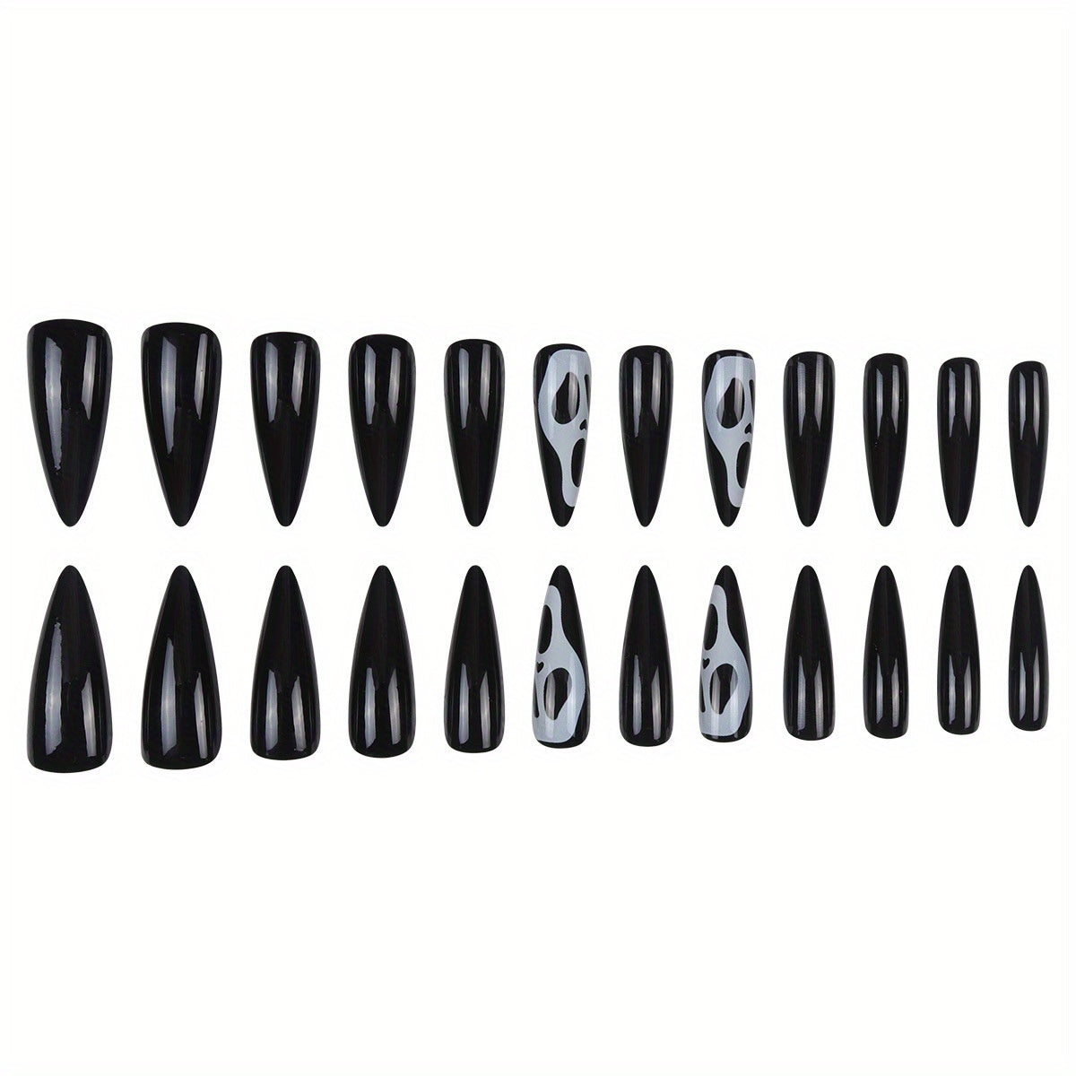 Stiletto Long Press-On Fake Nails Halloween Skull Nail Art Decoration Classic Black Glossy Manciure for Women and Girls 24pcs #B021