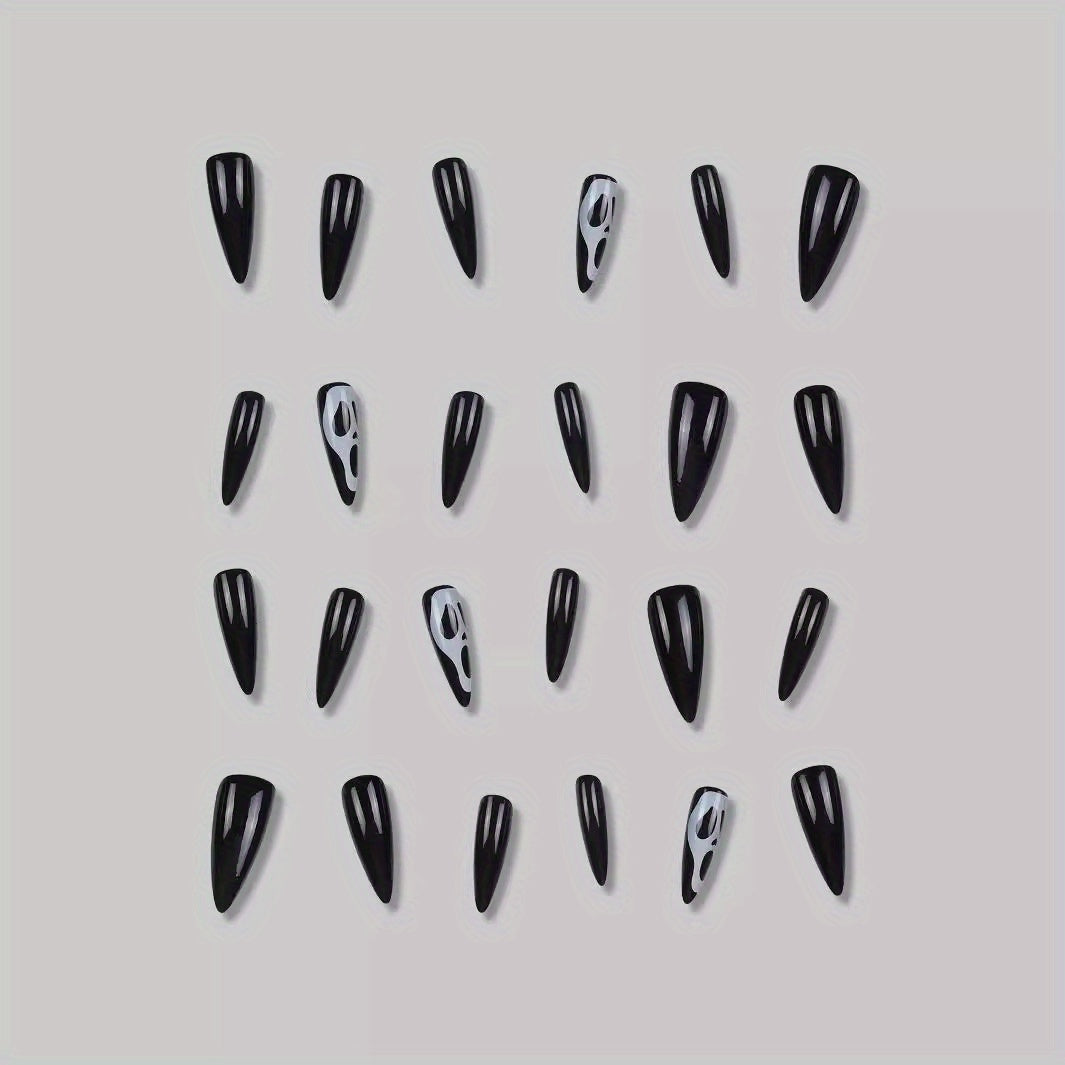 Stiletto Long Press-On Fake Nails Halloween Skull Nail Art Decoration Classic Black Glossy Manciure for Women and Girls 24pcs #B021