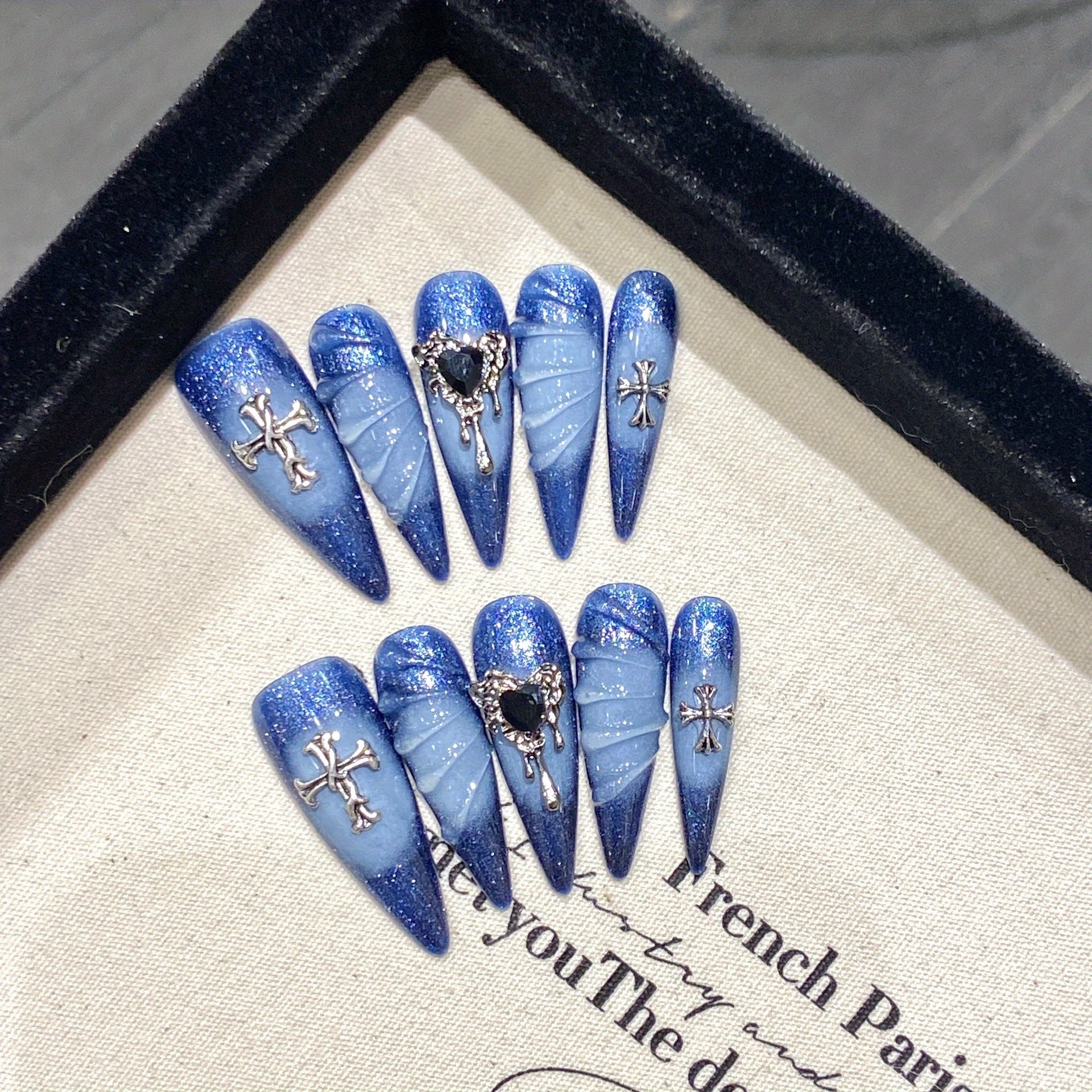 Handmade almond shaped high-heeled shoes with blue ocean shells and fake nail tips, featuring a trendy cross design and 10 pressed nails #
