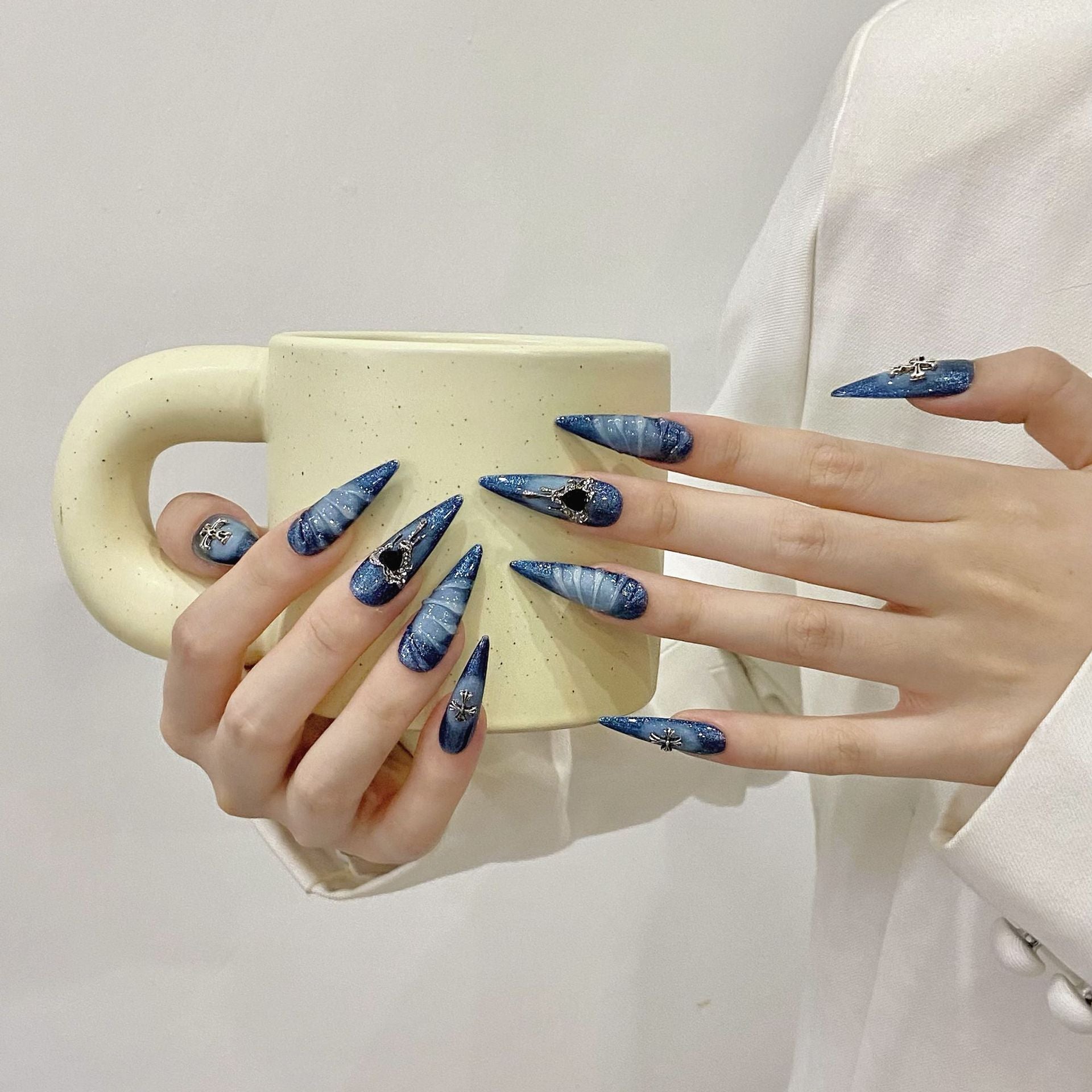 Handmade almond shaped high-heeled shoes with blue ocean shells and fake nail tips, featuring a trendy cross design and 10 pressed nails #