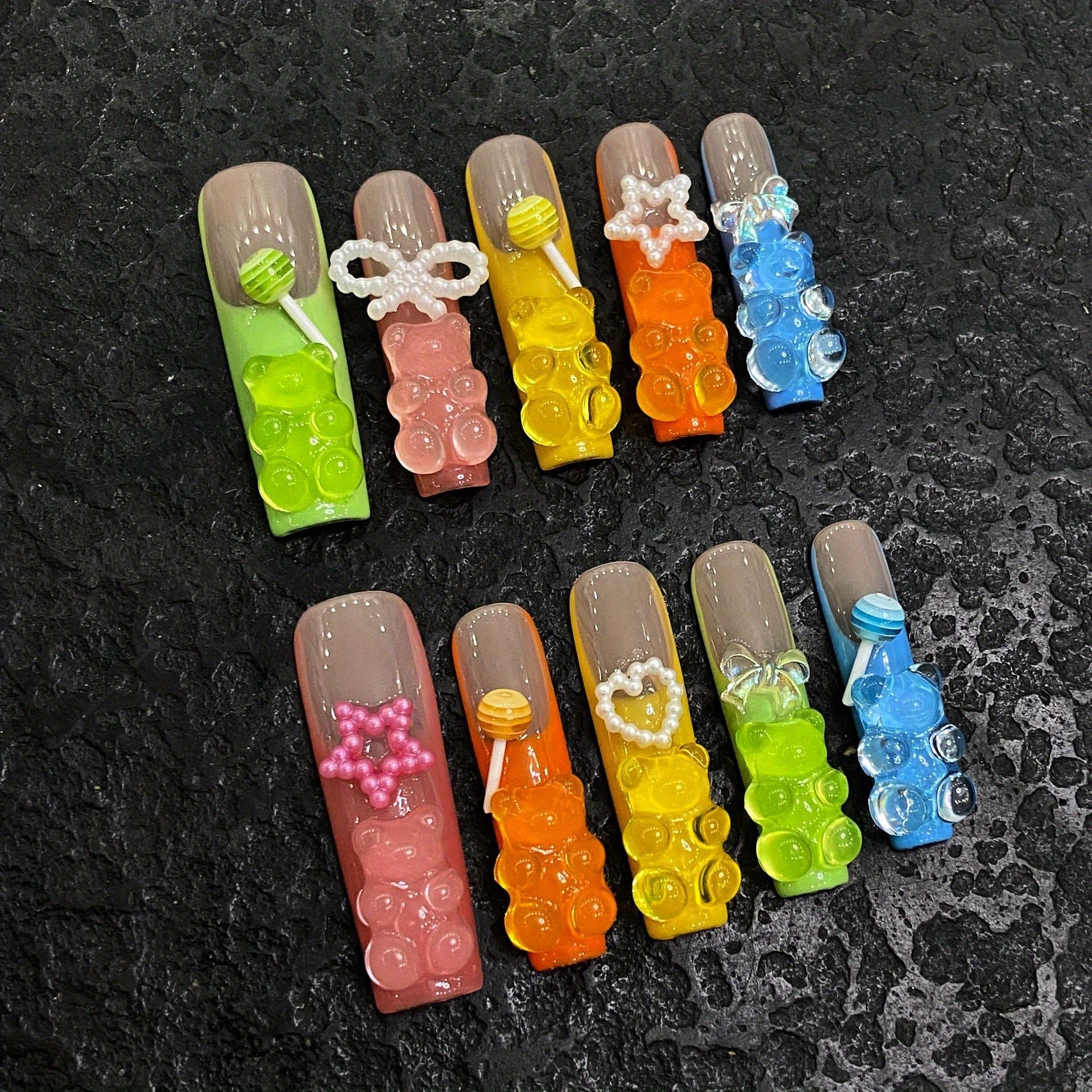 Handmade Press on Nails Long Square Fake Nails Glossy Glue on Nails Summer Colorful French Tip Acrylic Nails Squoval Artificial Nails Cute Bear Pearl Stick on False Nails with Design 10 pcs #B026 #B027