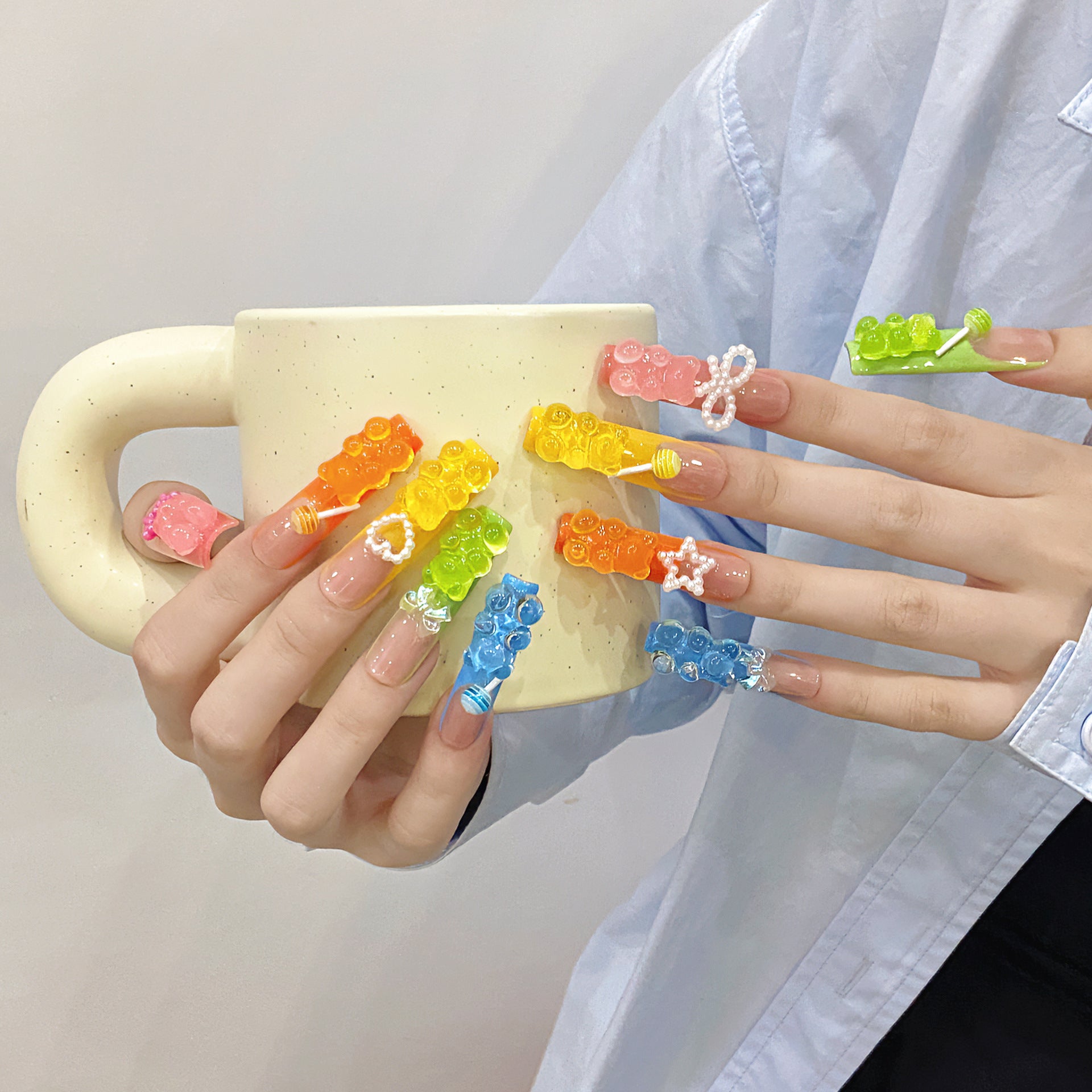 Handmade Press on Nails Long Square Fake Nails Glossy Glue on Nails Summer Colorful French Tip Acrylic Nails Squoval Artificial Nails Cute Bear Pearl Stick on False Nails with Design 10 pcs #B026 #B027