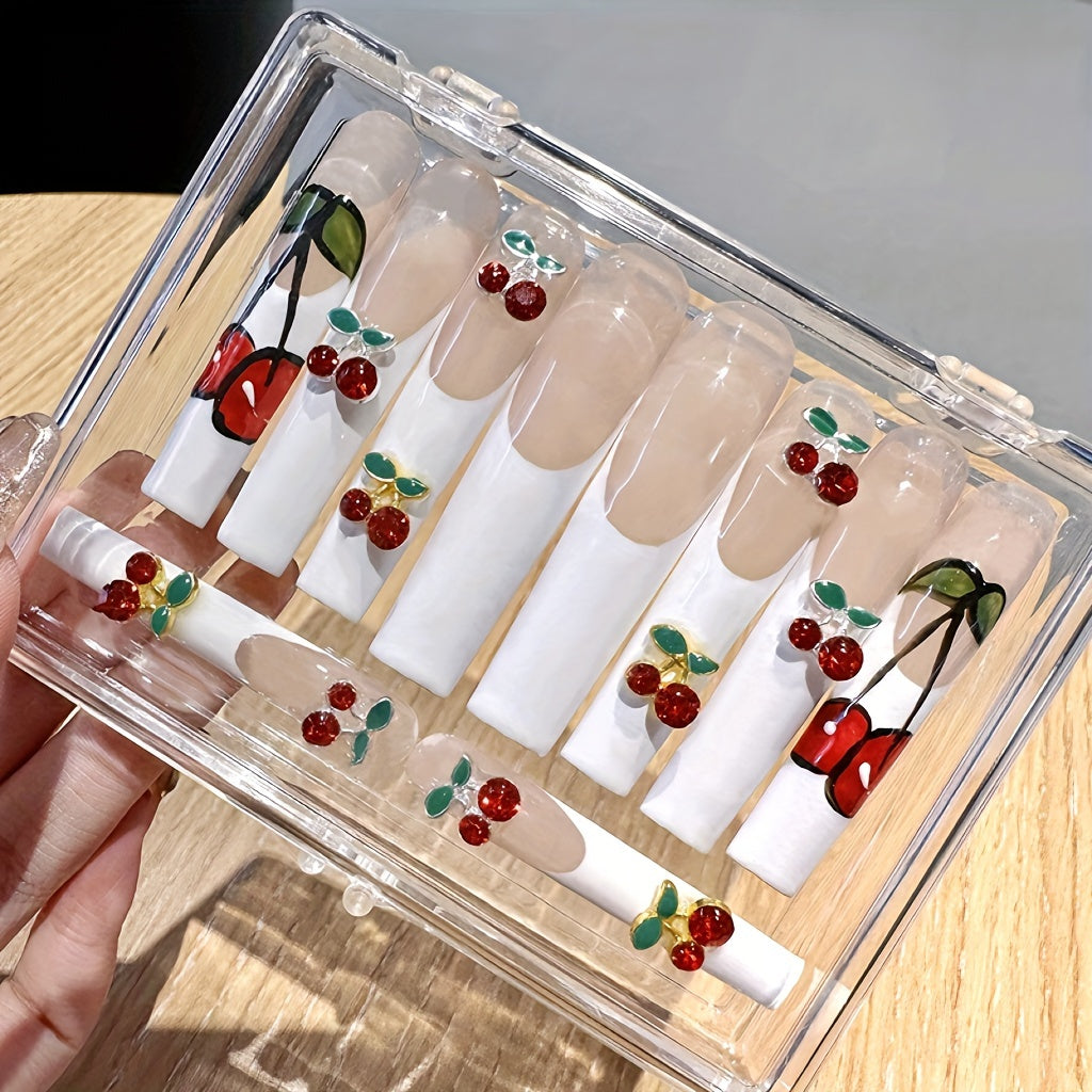 Handmade white French edge nail with cherry jewelry, super rectangular nail combination, handmade DIY nail art, detachable and reusable fake nails.#A056-S；A056-M；B030