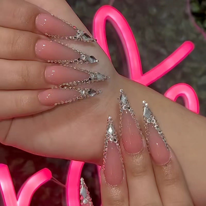 Handmade Press on Nails Long Stiletto Fake Nails Glossy Glue on Nails Almond Acrylic Nails Luxury Rhinestone Artificial Nails Bling Glitter Stick on False Nails with Design for Wedding 10 pcs