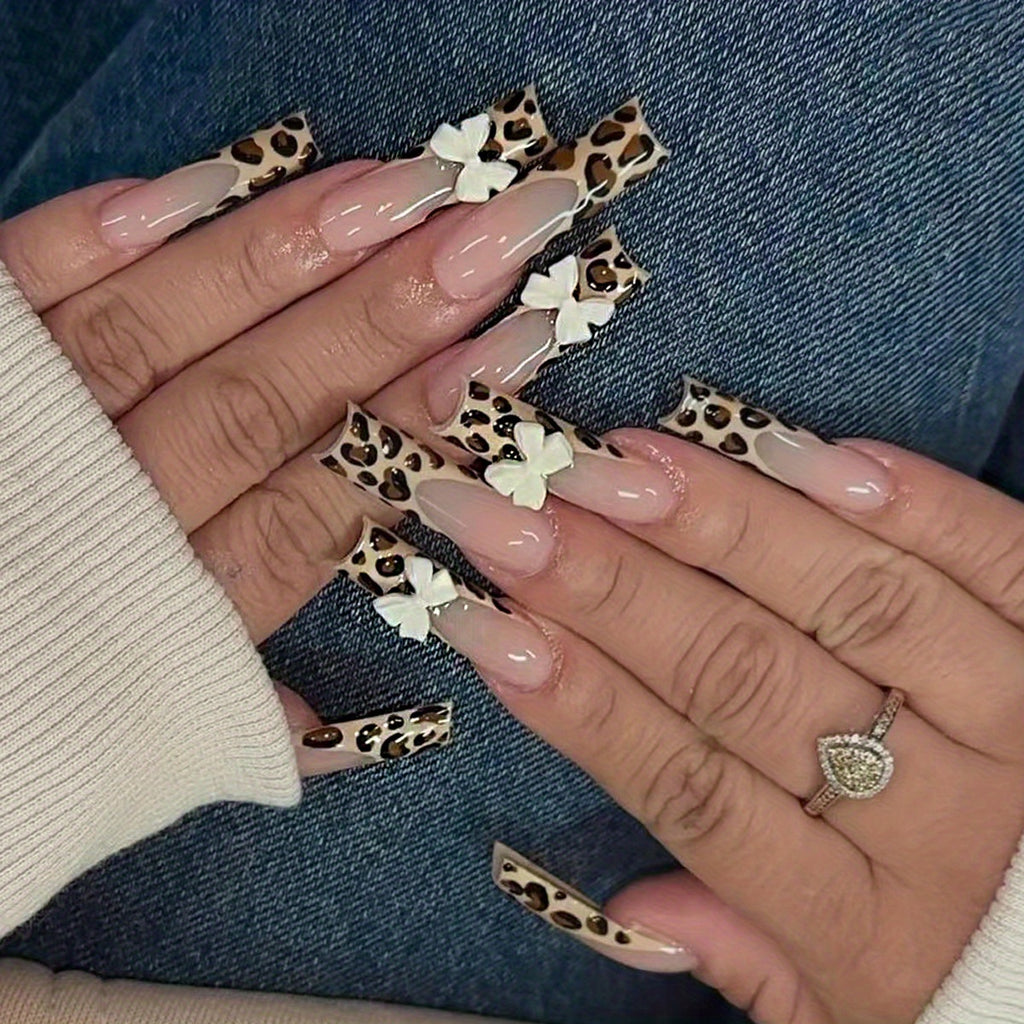 Leopard Press on Nails Long Square Fake Nails with White Bow Charms Design Cheetah Glue on Nails French Tips Stick on Nails Glossy Reusable Brown False Nails for Women Girls Manicure 24pcs #B005
