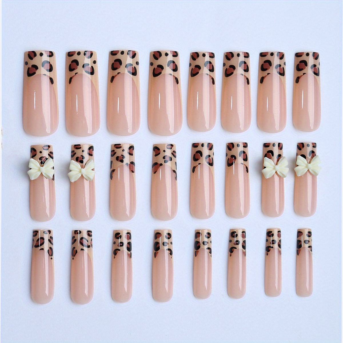 Leopard Press on Nails Long Square Fake Nails with White Bow Charms Design Cheetah Glue on Nails French Tips Stick on Nails Glossy Reusable Brown False Nails for Women Girls Manicure 24pcs #B005