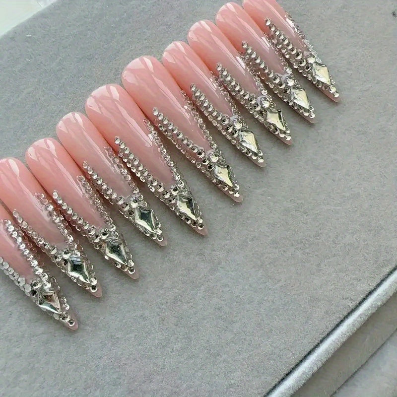 Handmade Press on Nails Long Stiletto Fake Nails Glossy Glue on Nails Almond Acrylic Nails Luxury Rhinestone Artificial Nails Bling Glitter Stick on False Nails with Design for Wedding 10 pcs