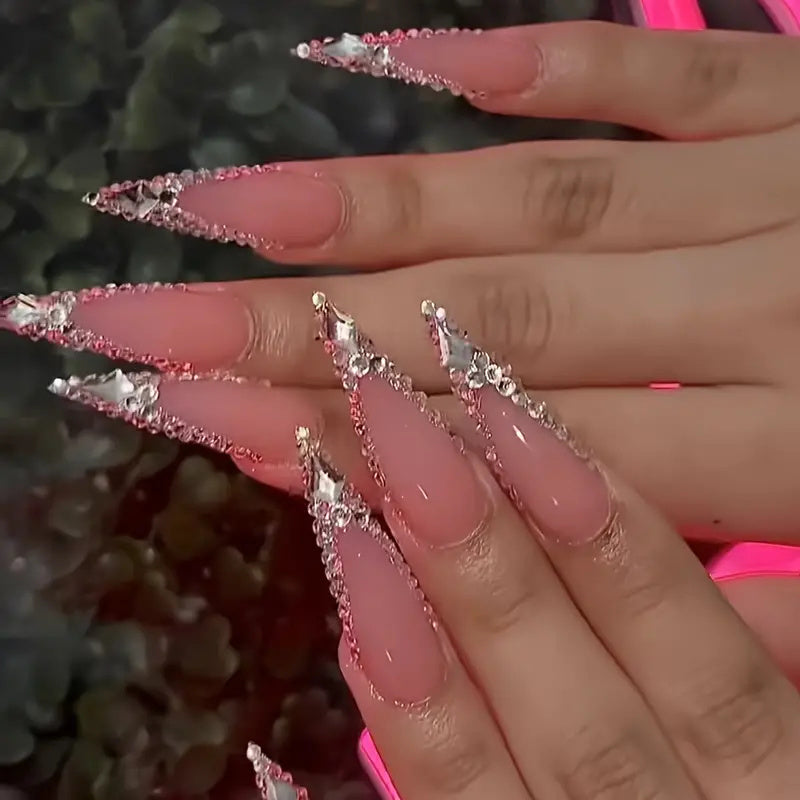 Handmade Press on Nails Long Stiletto Fake Nails Glossy Glue on Nails Almond Acrylic Nails Luxury Rhinestone Artificial Nails Bling Glitter Stick on False Nails with Design for Wedding 10 pcs