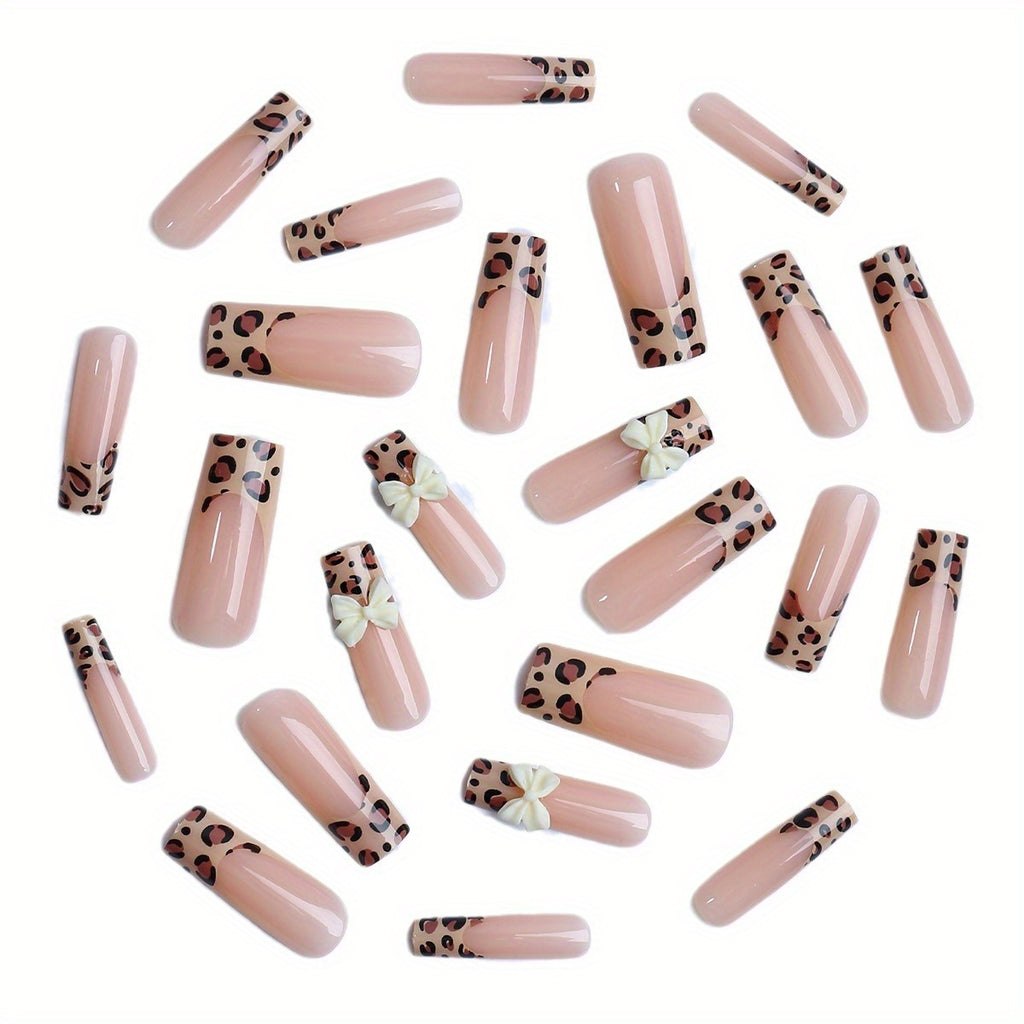 Leopard Press on Nails Long Square Fake Nails with White Bow Charms Design Cheetah Glue on Nails French Tips Stick on Nails Glossy Reusable Brown False Nails for Women Girls Manicure 24pcs #B005