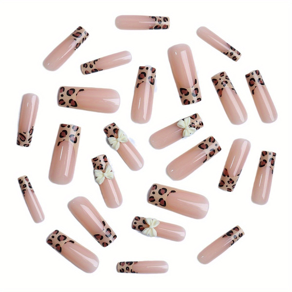 Leopard Press on Nails Long Square Fake Nails with White Bow Charms Design Cheetah Glue on Nails French Tips Stick on Nails Glossy Reusable Brown False Nails for Women Girls Manicure 24pcs #B005