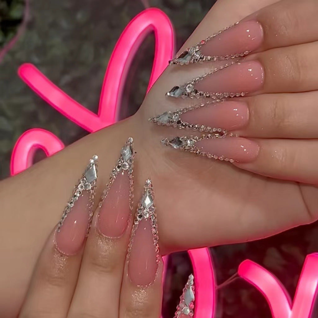 Handmade Press on Nails Long Stiletto Fake Nails Glossy Glue on Nails Almond Acrylic Nails Luxury Rhinestone Artificial Nails Bling Glitter Stick on False Nails with Design for Wedding 10 pcs