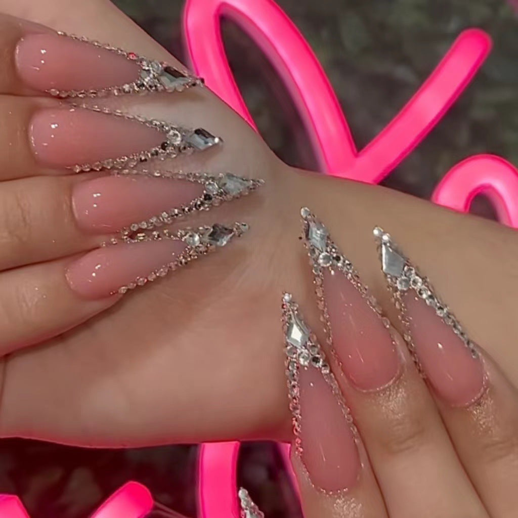 Handmade Press on Nails Long Stiletto Fake Nails Glossy Glue on Nails Almond Acrylic Nails Luxury Rhinestone Artificial Nails Bling Glitter Stick on False Nails with Design for Wedding 10 pcs