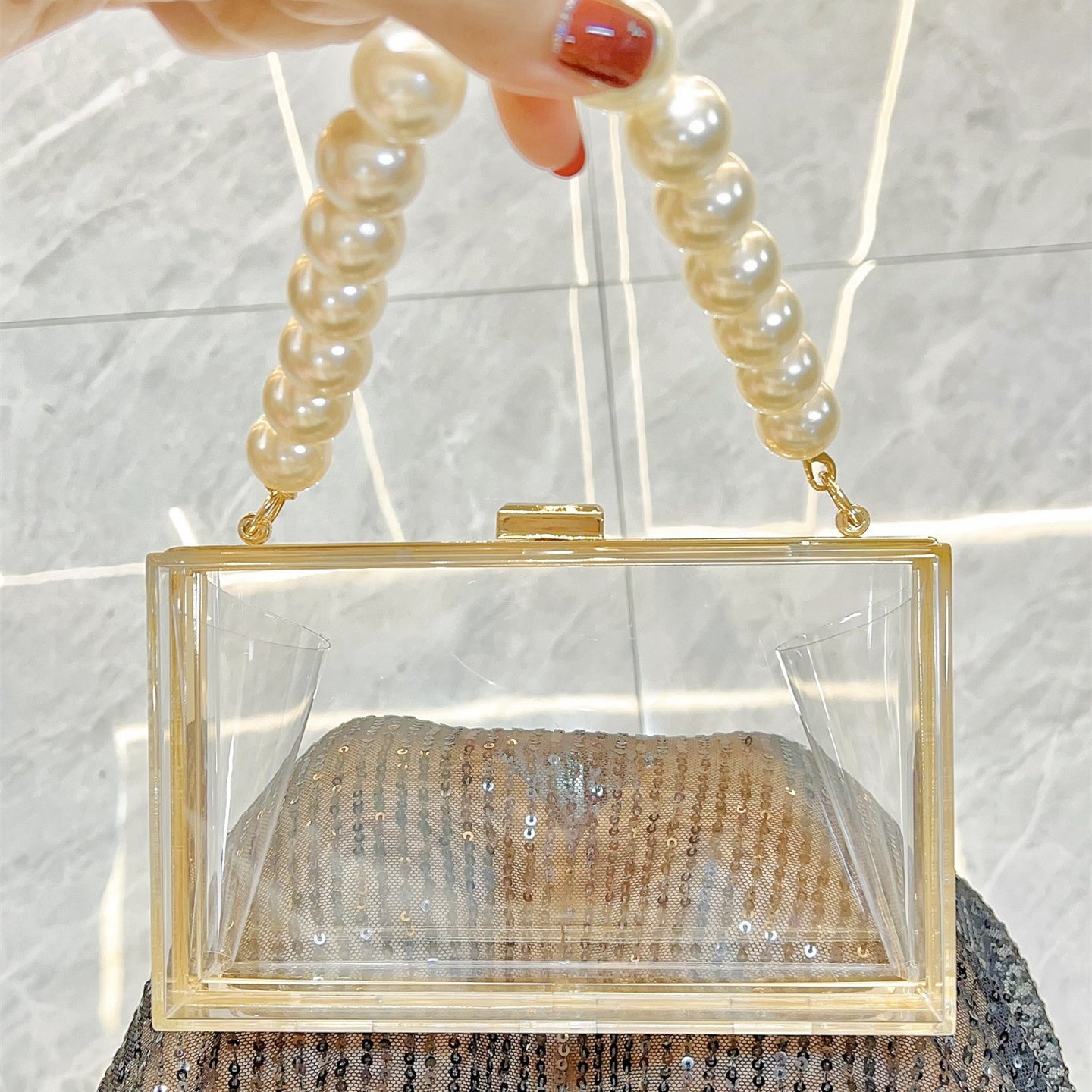 Women Clear Purse Acrylic Box Clutch Handbag, Small Transparent Crossbody Evening Bag Stadium Approved Gold Chain Strap