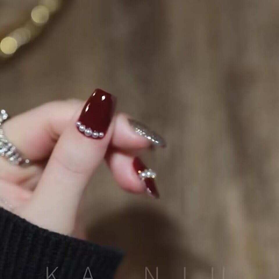 Handmade Short Press on Nails Squoval Wine Red Glossy Heart Pearl Design Fake Nails ABS Trendy Vintage Art False Nails for Women 10pcs (Wine Red) #2412MJ85