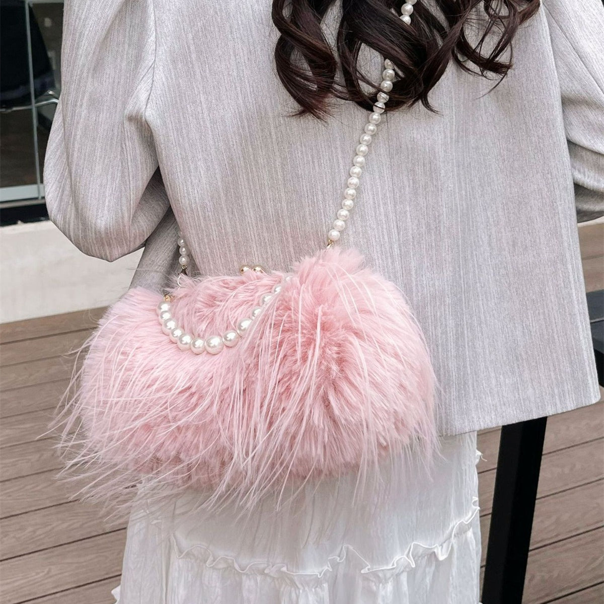 Evening Bag Pearl Chain Trendy Long Tassel Plush Shoulder Bag Large Capacity Tote Wedding Handbag