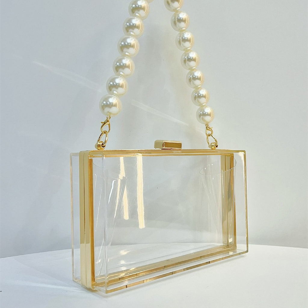 Women Clear Purse Acrylic Box Clutch Handbag, Small Transparent Crossbody Evening Bag Stadium Approved Gold Chain Strap