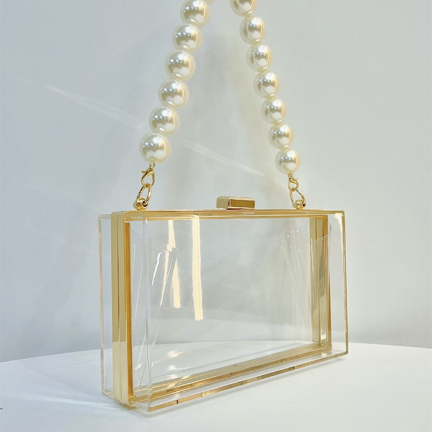 Women Clear Purse Acrylic Box Clutch Handbag, Small Transparent Crossbody Evening Bag Stadium Approved Gold Chain Strap