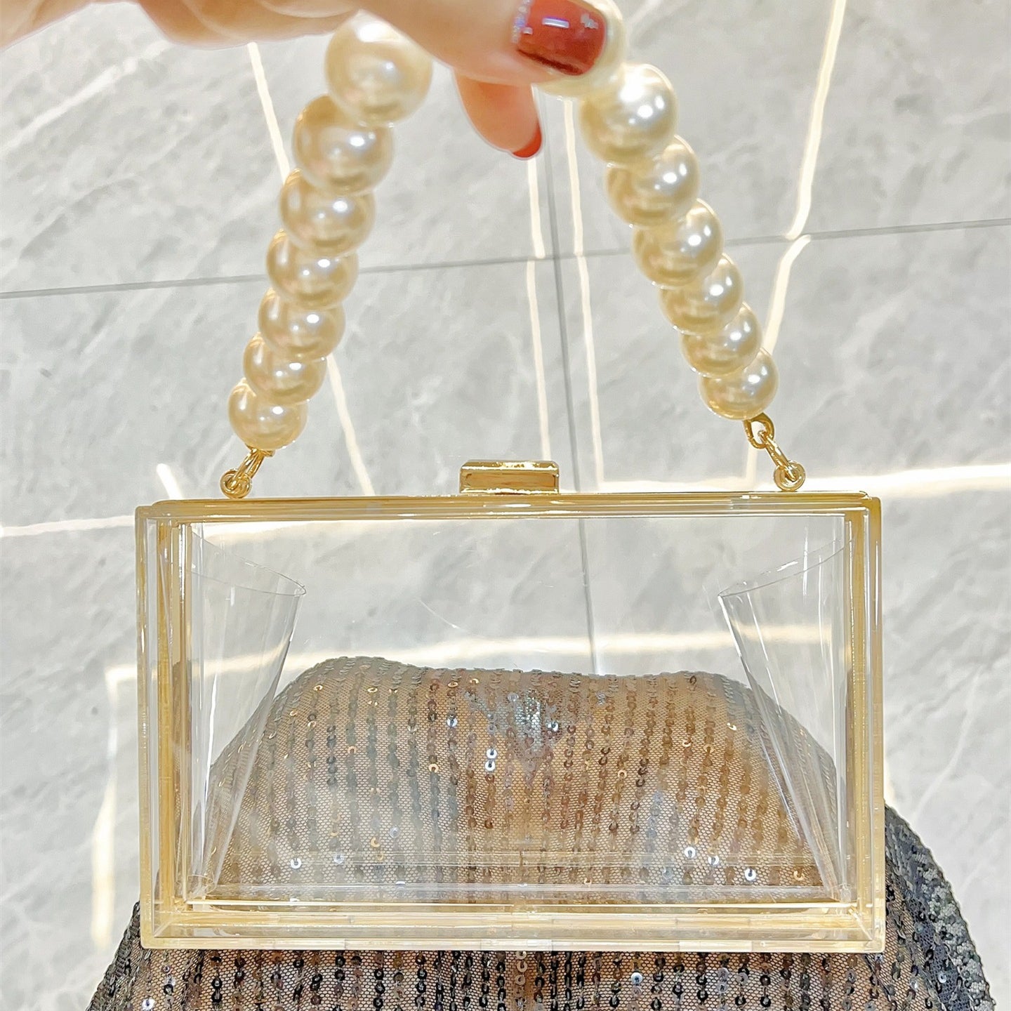 Women Clear Purse Acrylic Box Clutch Handbag, Small Transparent Crossbody Evening Bag Stadium Approved Gold Chain Strap