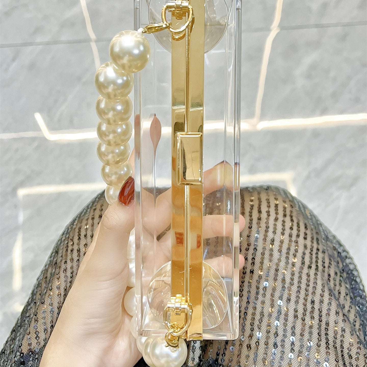Women Clear Purse Acrylic Box Clutch Handbag, Small Transparent Crossbody Evening Bag Stadium Approved Gold Chain Strap