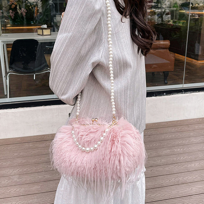 Evening Bag Pearl Chain Trendy Long Tassel Plush Shoulder Bag Large Capacity Tote Wedding Handbag