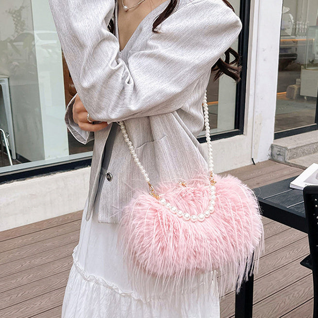 Evening Bag Pearl Chain Trendy Long Tassel Plush Shoulder Bag Large Capacity Tote Wedding Handbag