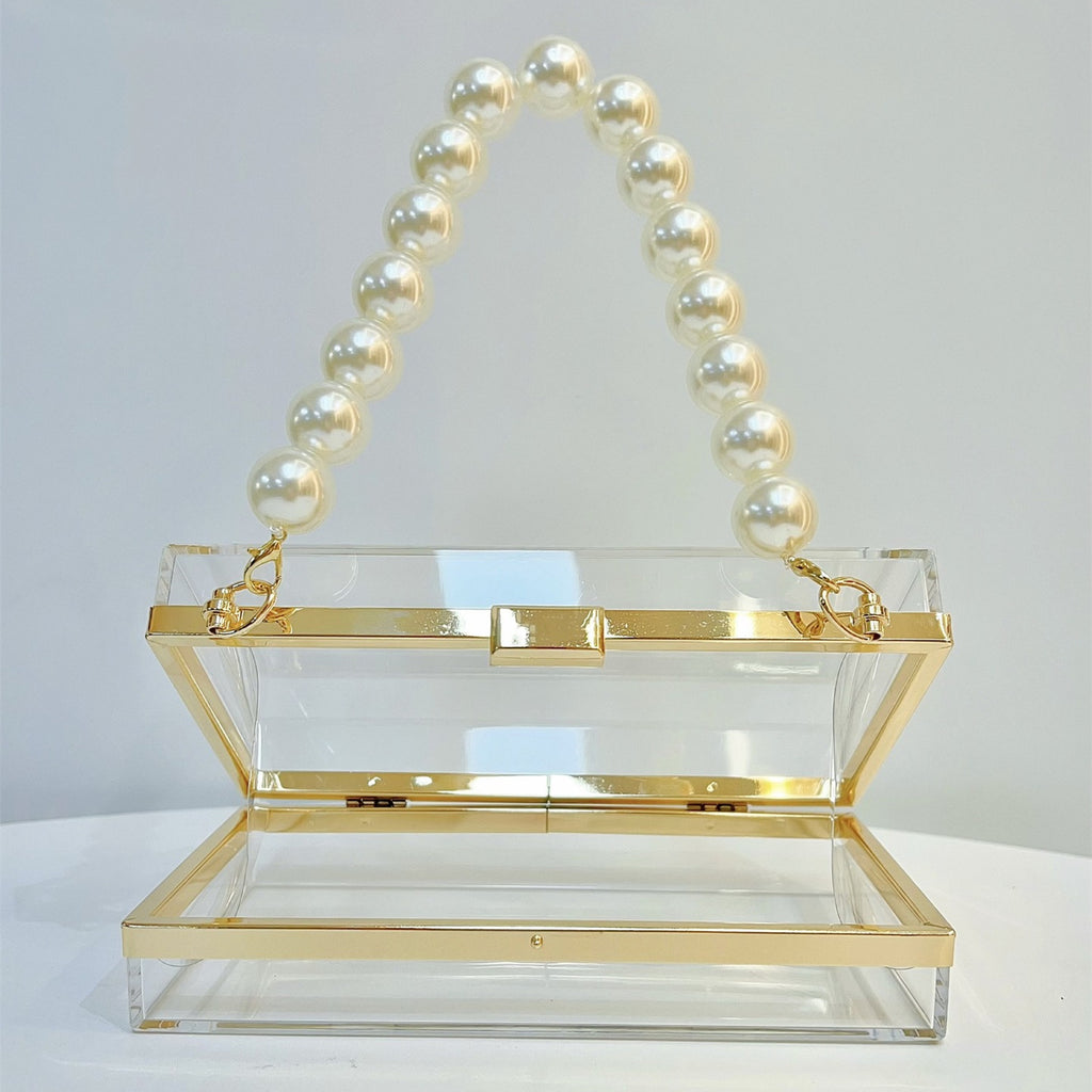 Women Clear Purse Acrylic Box Clutch Handbag, Small Transparent Crossbody Evening Bag Stadium Approved Gold Chain Strap