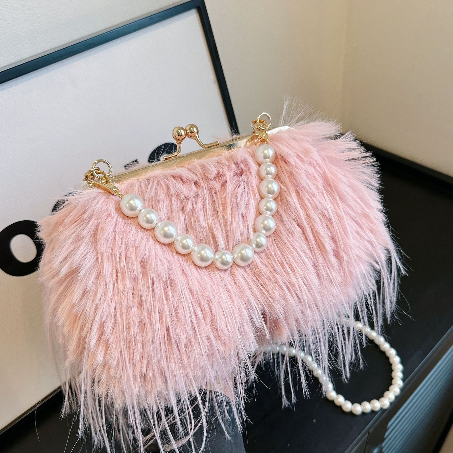 Evening Bag Pearl Chain Trendy Long Tassel Plush Shoulder Bag Large Capacity Tote Wedding Handbag