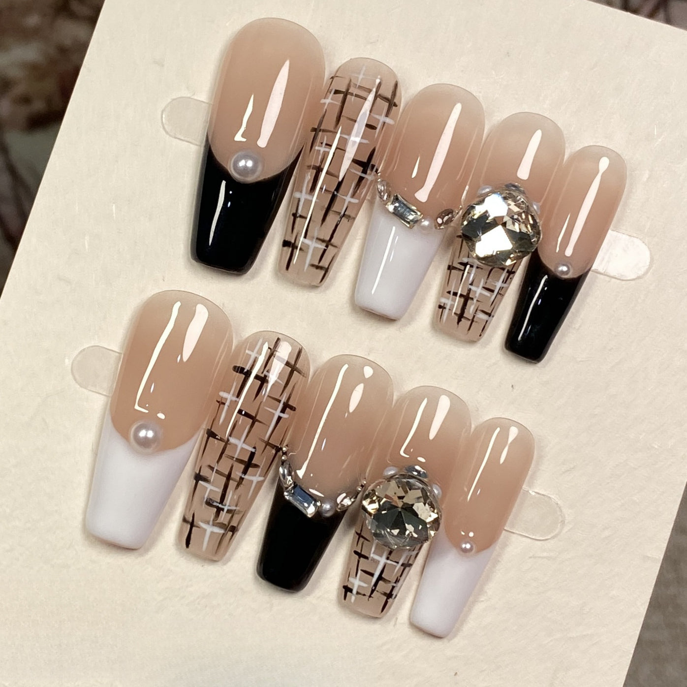 Handmade long square black and white fake nail tips with cute 3D diamond pop charm design, pressing nails 10 pieces #MJ250106
