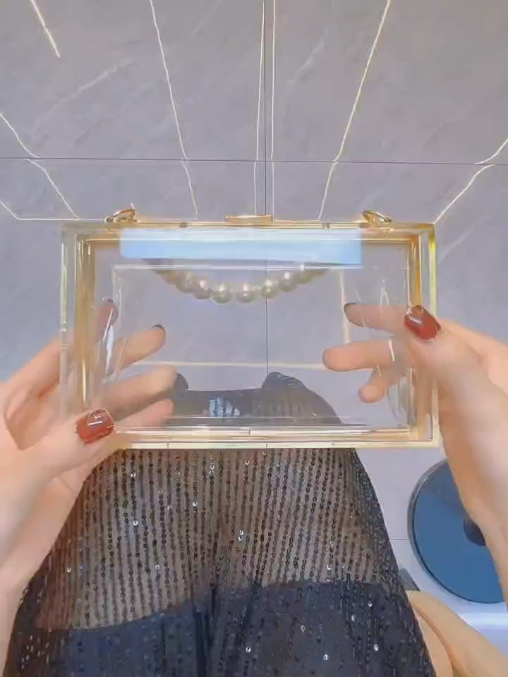Women Clear Purse Acrylic Box Clutch Handbag, Small Transparent Crossbody Evening Bag Stadium Approved Gold Chain Strap