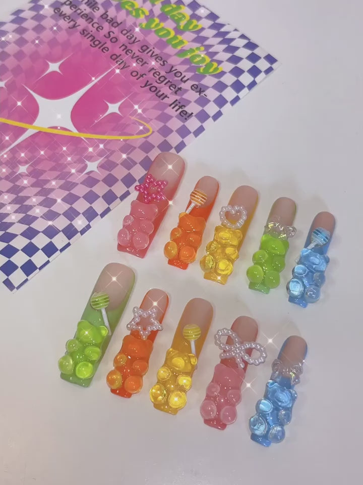 Handmade Press on Nails Long Square Fake Nails Glossy Glue on Nails Summer Colorful French Tip Acrylic Nails Squoval Artificial Nails Cute Bear Pearl Stick on False Nails with Design 10 pcs #B026 #B027