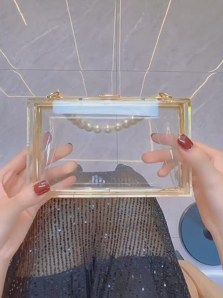 Women Clear Purse Acrylic Box Clutch Handbag, Small Transparent Crossbody Evening Bag Stadium Approved Gold Chain Strap