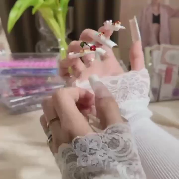 Handmade white French edge nail with cherry jewelry, super rectangular nail combination, handmade DIY nail art, detachable and reusable fake nails.#A056-S；A056-M；B030